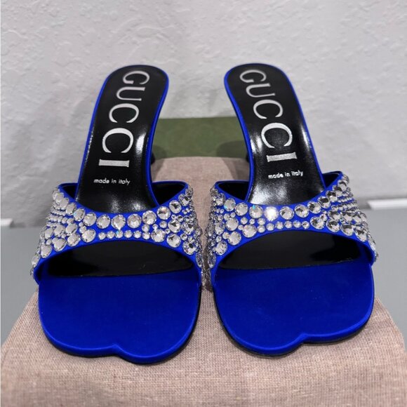 GUCCI Galactica Satin Crystal 65mm Slide Blue Sandals Size 37 NIB - Picture 8 of 9